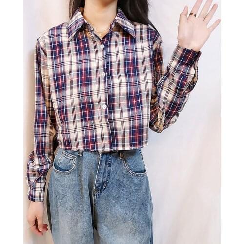 Streetwear Plaid Crop Blouse Women 2021 Summer Autumn Long Sleeve Blouses Tops Plus Size Shirts blouses femme