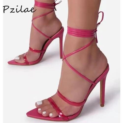 Pzilae New Fresh Orange Lace Up Sexy Sandals for Women Summer High Heels Shoes Pointed Toe Party Dress Pumps Big Size 41 42