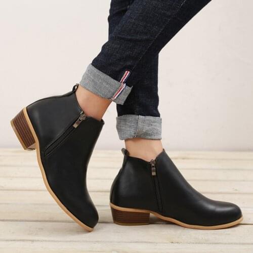 2021 New Style Fashion Women Boots Round Head Low Square Heel Pu Leather Waterproof Boots Woman Autumn Winter Casual Ankle Boot