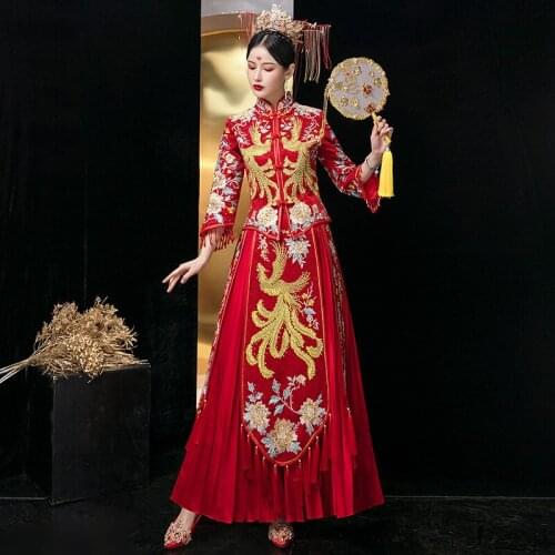 Banquet Costume Women Long Cheongsam Embroidery Chinese Traditional Bride Dress Wedding Mandarin Collar китайская одежда