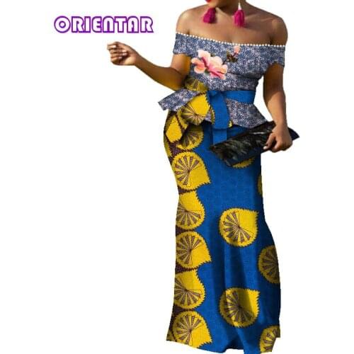 2020 Fashion African Suit Set for Women Sexy Slash Neck Tops and Long Skirt Set Lady African Wax Print Clothing 2XL WY7225