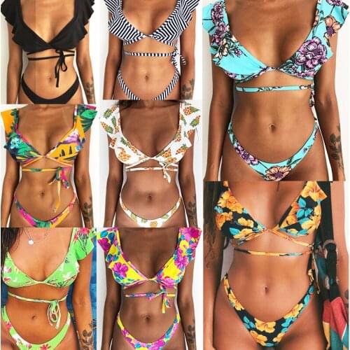 Hot Bikini Two-Piece Swimsuit Print Bandage Backless Swimsuits Bikinis For Women 2019 Womens Swimwear New Multicolor Polyester