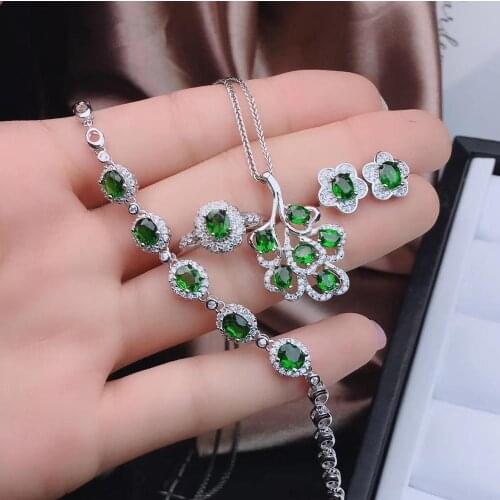 Luxurious Leaf Natural green diopside S925 silver ring Pendant earrings Bracelet natural gemstone Jewelry Set girl party jewelry