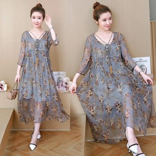 2021 summer new sweet loose large size womens fashion thin imitation silk floral middle-sleeved dress two-piece s426