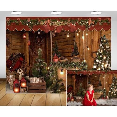 Winter Photography Backdrop Merry Christmas Rustic Wood Wall Background Gifts Light Lamp Christmas Tree Family Party Photo Shoot
