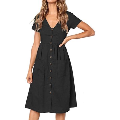 2021 Womens Dresses-Short Sleeve V Neck Button T Shirt Midi Skater Dress with Pockets