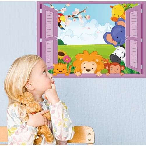 3D Window Cartoon Animals Zoo Wall Sticker Lion Kids Room Decals Girls boys Vinyl Wall Sticker Home Decor Cute Animals Windows