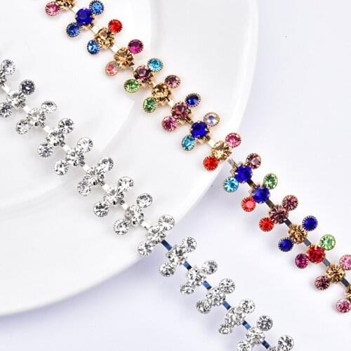 1meter 1.7cm wide rhinestone flower chain 3 rows mixed color glass diamond trimming clothing belt shoes Accessories decoration