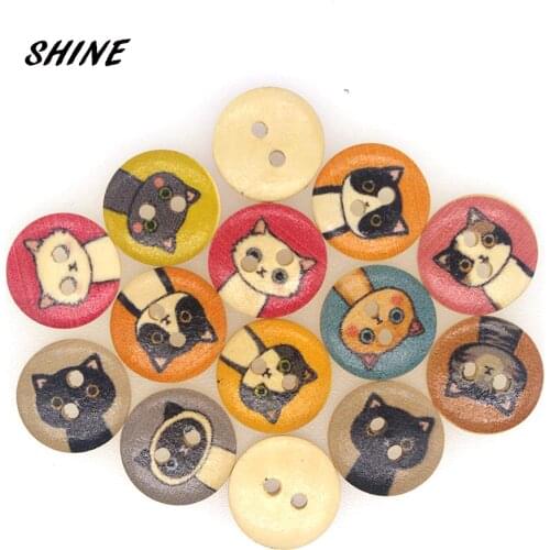 50PCs Wood Buttons For Needlework Handicraft 2 Holes Cat Pattern Buttons For Clothing Patchwork DIY Craft 2018 NEW