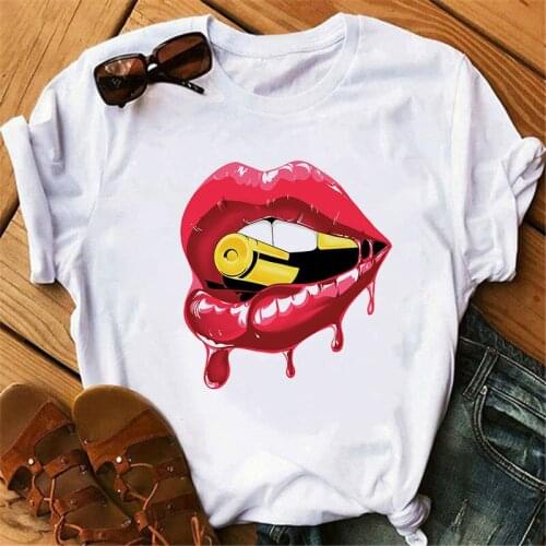 Modal White Short Sleeves Tee Sexy Lips Bullet Printed O-Neck Casual T Shirt Women Summer Leisure Tshirt Tops