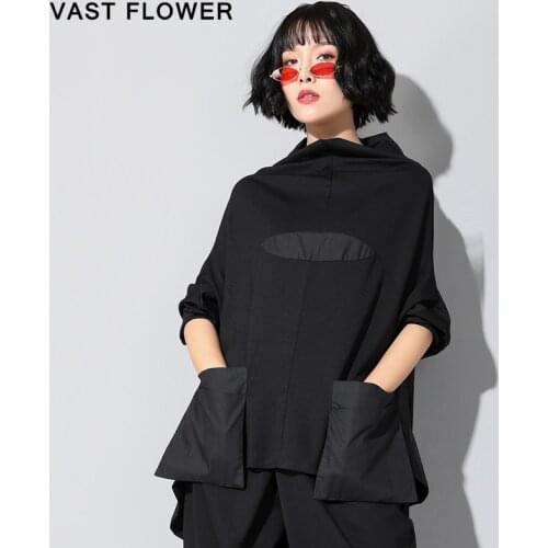 2021 Spring Autumn Black Patchwork Pocket T-shirt Women Turtleneck Long Sleeve Loose Casual Tshirt Femme Tops Fashion Clothes