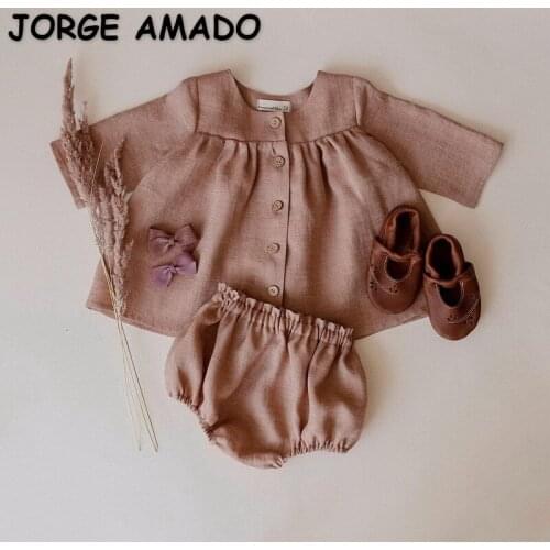 2021 New Spring Kids Girls 2-pcs Sets Linen Rayon Long Shirts + Shorts Bodysuit Children Jumpsuit Casual Clothes E0734