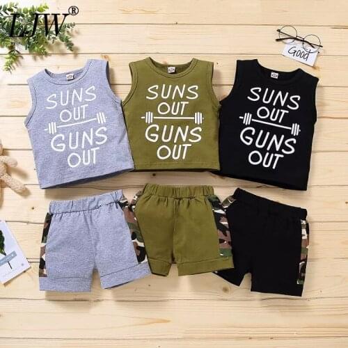 Baby Boys sets Trendy Summer simple letter print Vest Set Boys' casual pure cotton solid color Vest + shorts two piece set