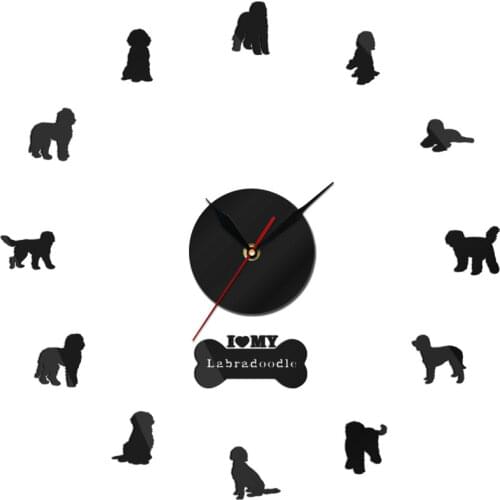 Labradoodle Self Adhesive Frameless 3D Wall Quartz Clock Battery Operated Labrador Gundog Poodle Dog Mirror Effect DIY Watch