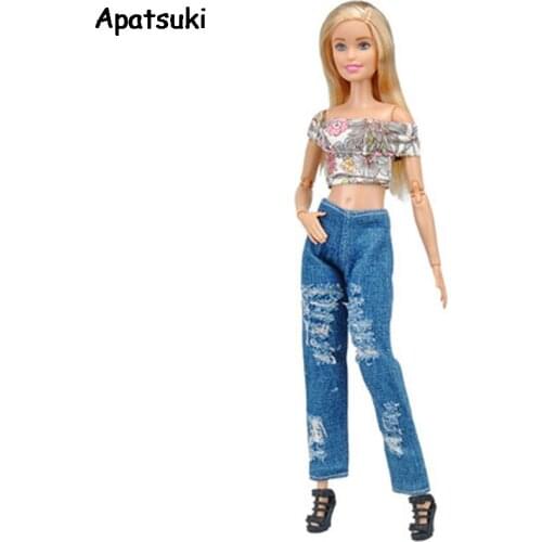 Fashion Outfits For Barbie Doll Clothes 1:6 Floral Short Shirt & Denim Jeans Pants Handmade Clothes For Barbie Dollhouse 1/6 Toy