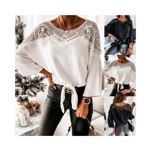Fashion Solid Color T-Shirts Women Hollow Out Design Lace Bow Decor Ladies See Through O-Neck Three Quarter Sleeve Loose Tops