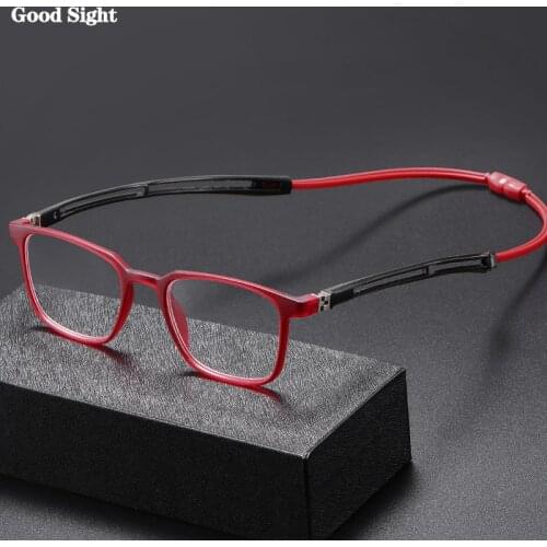 Good Sight Square Hanging Neck Reading Glasses Tr90 Eyeglasses Frame For Men Magnetic Decorative Glasses Women With Diopters +4