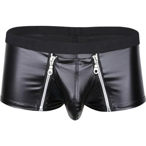 Men Lingerie Faux Leather Panties with Zipper Open Pouch Boxer Shorts Gay Sexy Underwear for Mens Jockstraps Male Night Clubwear