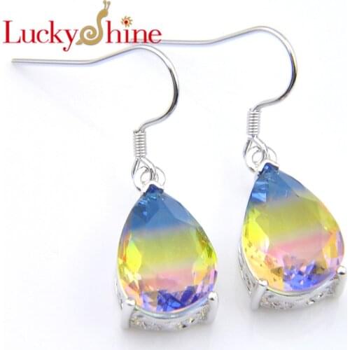New luckyshine Fashion Top Gradient Tourmaline Waterdrop Crystal Zirconia Silver Engagement Gift Drop Earrings For Women Jewelry