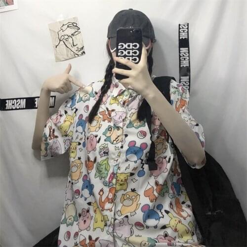 New Pokemon Autumn Fashion Button Up Anime Pikachu Shirts Women Blouse Women White Lady Long Sleeves Female Loose Street Shirts