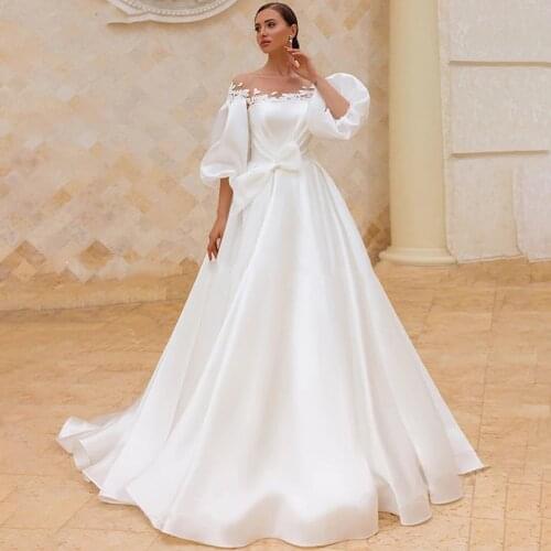 Classical Puff Sleeves Wedding Dresses 2021 Appliqued Chic Satin A-Line Bridal Gown Plus Size Beach Princess Vestido de Noiva