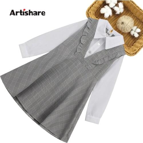 Kids Dress Girl Ruffle Plaid Dress For Girls Slim Patchwork Fake 2 Pcs Girls Party Dress Spring Autumn Cute Clothes For Girls