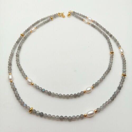 Natural faceted rondelle Labradorites2-3MM white rice 5-6MM freshwater Pearl Necklace