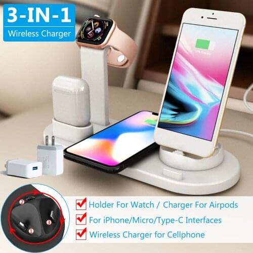 Qi Wireless Charging Charger Stand for iPhone X XS Max XR for Airpod for Apple Watch Docking Dock Station with 3.0 Plug Adapter