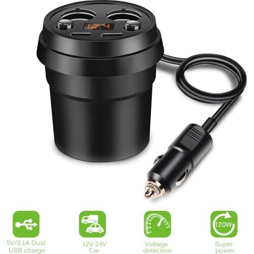 Cigarette Lighter Adapter Socket Splitter Car Charger 12-24V With Volmeter Current Display 2 Port 120W 5V 3.1A Dual USB