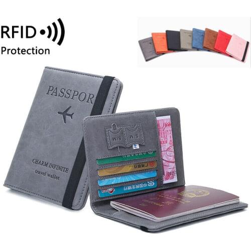 RFID Travel Passport Cover Wallet Unisex Business Multifunction Credit Card Purse Organizer Case With Elastic Band 8 Colors