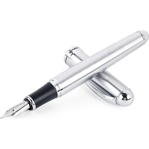 Luxury Brand Silver Stainless Steel Fountain Pen Medium 18KGP Nib School Office Name Ink Pens Writing Gift Stationery