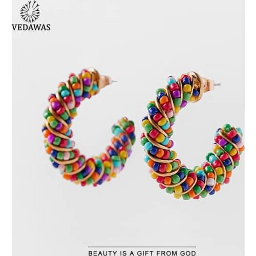 Vedawas ZA Multicolored Beads Hoop Earrings for Women Boho Luxury Acrylic Big Round Drop Earrings Summer Wedding Jewelry Gifts