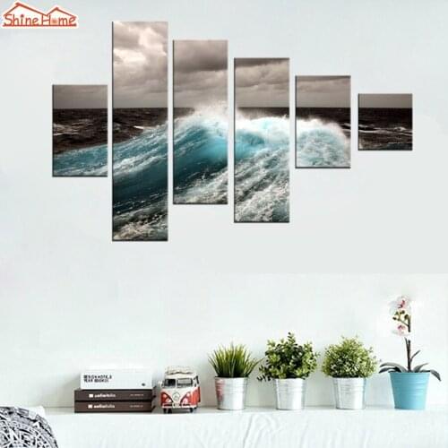 ShineHome-6 Panel Seascape Modular Canvas Prints Pictures Oil Painting Printing Living Room Wave Skyline Wall Art Home Decor