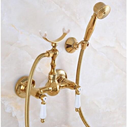 Contemporary Luxury Gold Color Brass Wall Mounted Bathtub Faucet with Handheld Shower Set +150CM Hose Mixer Tap 2na932