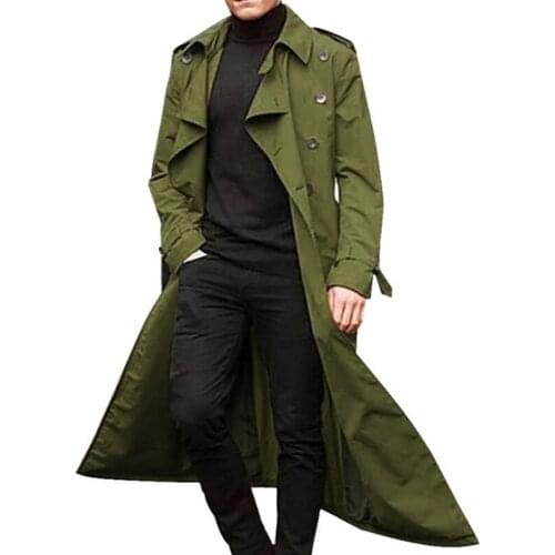 Men Casual Long Coat Double Breasted Turn Down Trench Coat Solid Color Long Sleeve Windbreaker Jacket Fashion Male Outwear