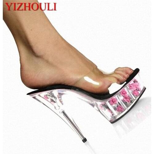 Fashion High-Heeled Shoes 15cm Thin Heels Rose Formal Dress Slippers 6 Inch Sexy Flower Crystal Shoes