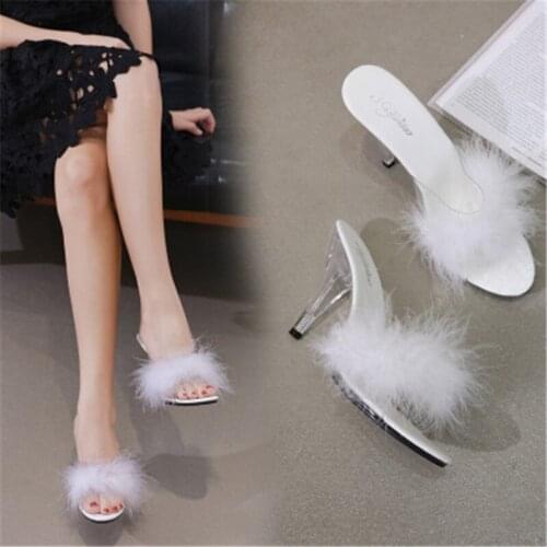 Plus 34-43 44 45 Shoes Woman Slipper Women Transparent Crystal Heels 7/10 CM Wedding Sandals Sexy Interest Female Slippers Black