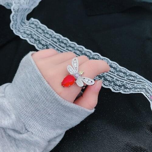 Unique Design Female Real 925 Sterling Silver Wedding Bands Red Zircon Crystal Cute Honeybee Animal Resizable Rings for Women