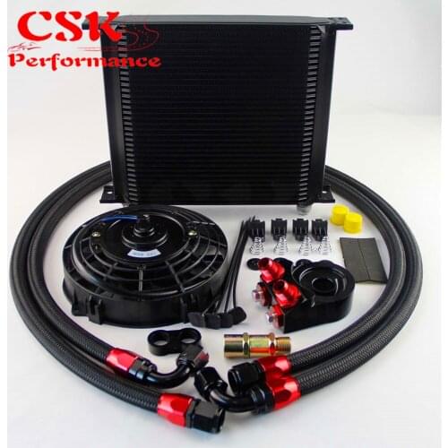 Universal 34 Row engine Transmission 10AN Oil Cooler KIT+ 7" Electric Fan Kit Black