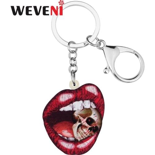 WEVENI Acrylic Halloween Mouth Lip Skull Skeleton Keychains Cute Key Ring Jewelry For Women Girl Kid Charm Gift Car Decoration