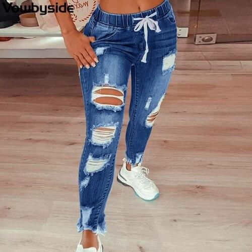 Womens Casual Jeans Hole Slim Feet Lace Up Denim Trousers Pencil Pants