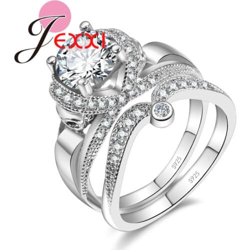 Romantic Round AAA CZ Crystal Love Heart Design Rings Set 925 sterling-silver-jewelry for Women Engagement Gift