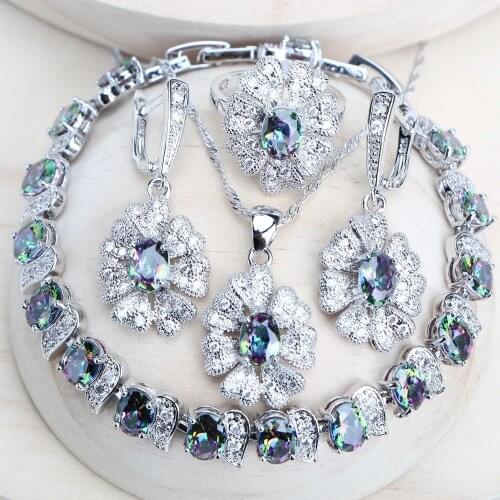 Women Silver 925 Jewelry Sets Rainbow Cubic Zirconia Wedding Costume Jewellery Earrings Bridal Rings Bracelets Pendant Necklace