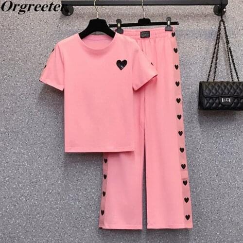 Pink Tracksuit Women Summer New O-neck Short Sleeve Sequined Tshirt +Side Heart-shaped Jacquard Wide leg pants Two piece sets