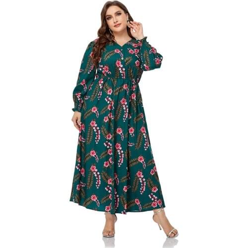 2021 Summer Long Sleeve Dress Women Buttons V Neck Floral Print High Waist Casual Long Dress Green Plus Size Women Clothing