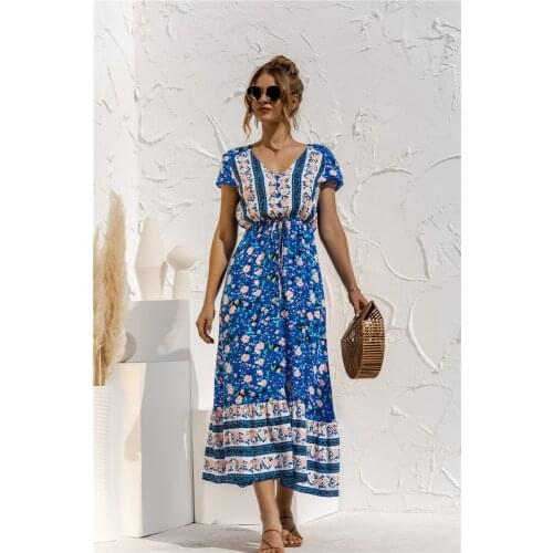 Women V-neck Wrap Midi Dress 2022 Spring New Floral Print Puff Sleeve Side Buttons Lace-up Waist Dresses Ladies Holiday Robe