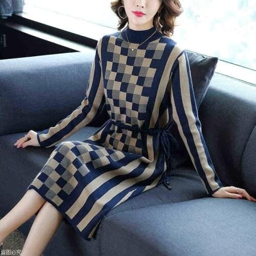 Vintage Plaid and Striped Winter Female Elegant Dresses Drawstring Long Sleeve Knitwear Knitted Sweater Dress for Women