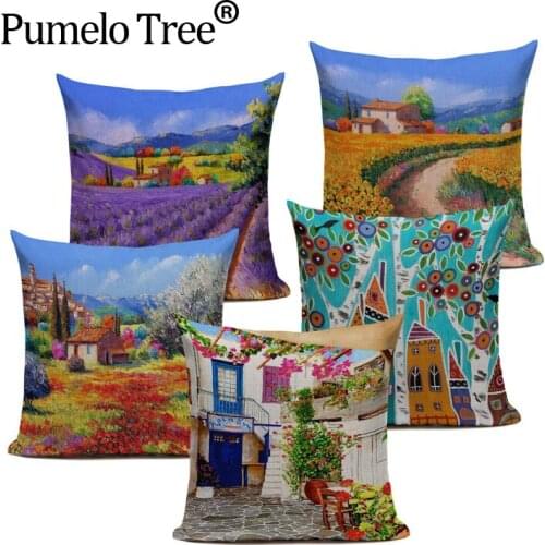 Scenic Vintage Decorative Cushion Covers Painting Garden Lavender Flower Home Linen Pillow Case Decor CushionCover For Sofa Seat