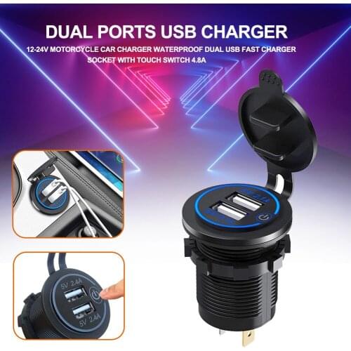12-24V Motorcycle Car Charger Waterproof 4.8A Dual USB Fast Charger Socket with Touch Switch with Voltmeter LED light