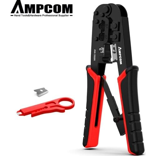 AMPCOM Modular RJ45 RJ11 Crimp Tool with Wire Cutter and Stripper Network Cable Ethernet Crimper Cutter Stripper Plier for 6P 8P